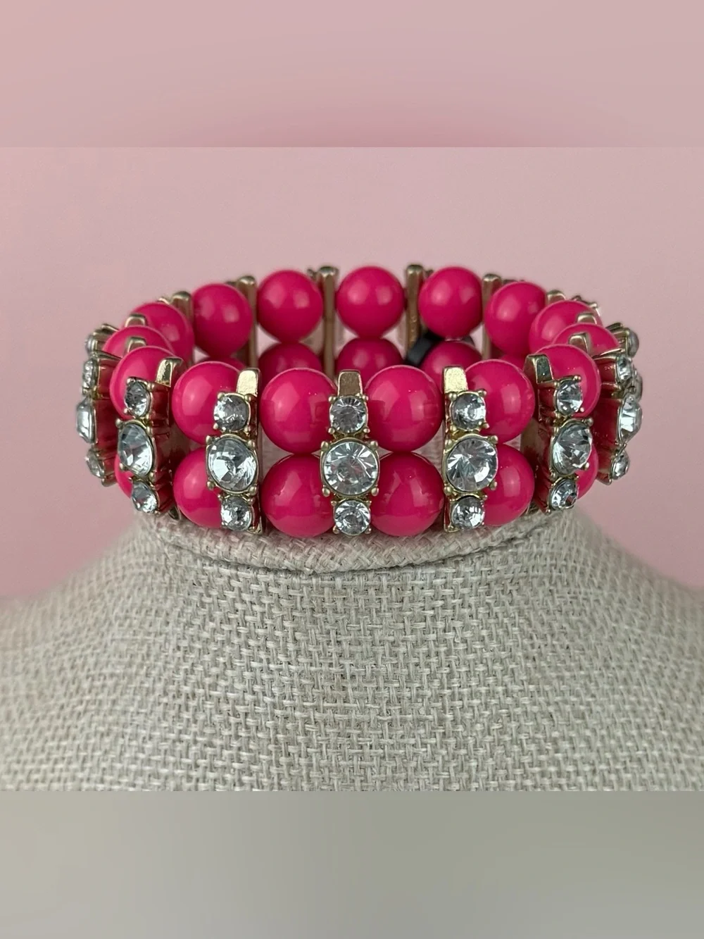 J Crew Hot Pink Beaded & Crystal Accent Stretch Bracelet - NWT